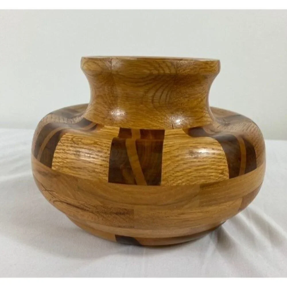Vintage Mid Century Handcrafted Segmented Turned Wood Vase 6 x 9